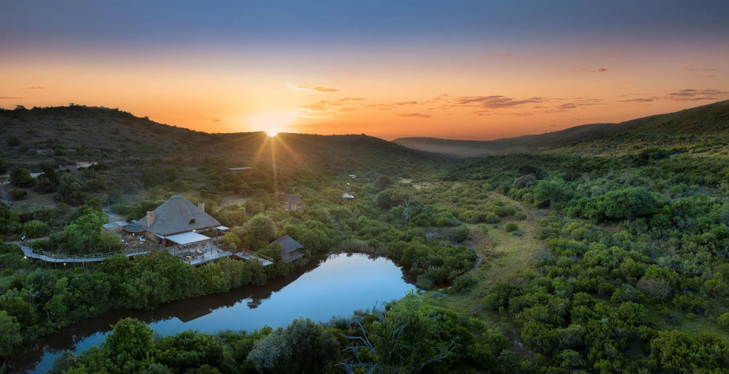 Bayethe Aerial Lodge View at Bayethe at Shamwari Private Game Reserve, Shamwari Private Game Reserve, South Africa.