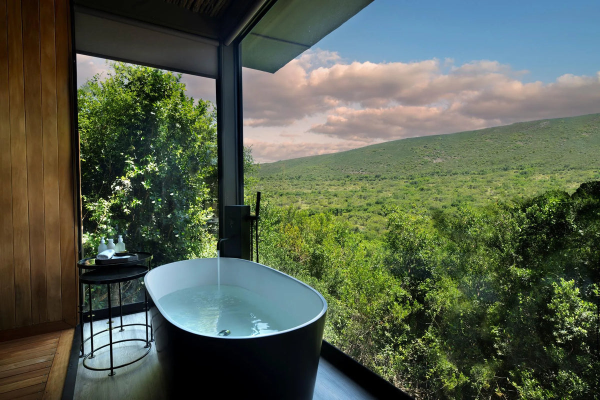 Bayethe Suite Bathroom View at Bayethe at Shamwari Private Game Reserve, Shamwari Private Game Reserve, South Africa.