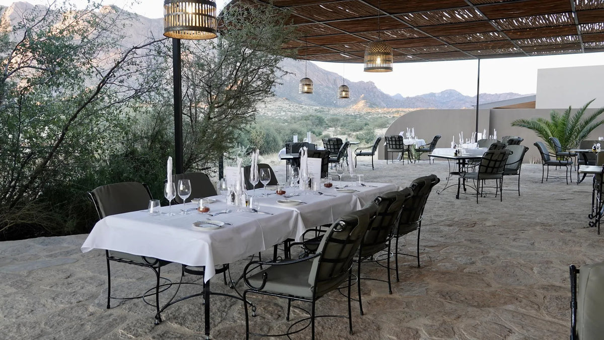 Outside-Dining-Setup-Hohenstein-Lodge at Hohenstein Lodge, Erongo Mountains, Namibia.