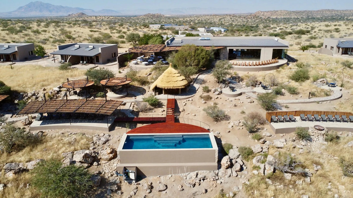 View-on-main-area-Hohenstein-Lodge at Hohenstein Lodge, Erongo Mountains, Namibia.