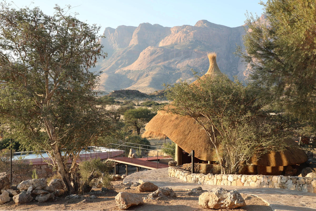 Poolbar and view Hohenstein Lodge at Hohenstein Lodge, Erongo Mountains, Namibia.