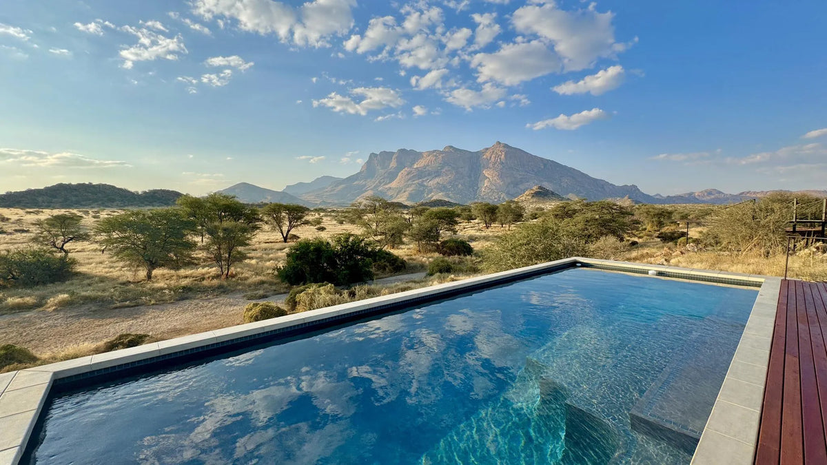 Pool-view-Hohenstein-Lodge at Hohenstein Lodge, Erongo Mountains, Namibia.