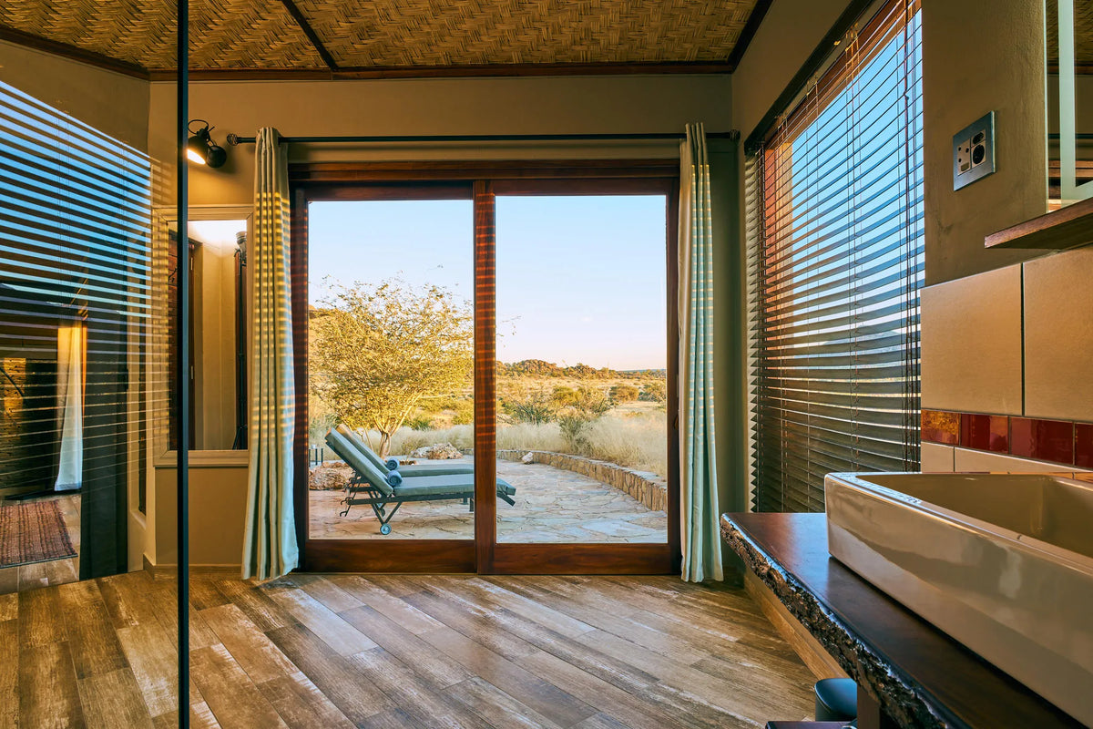 Chalet-Terrace-Hohenstein-Lodge at Hohenstein Lodge, Erongo Mountains, Namibia.