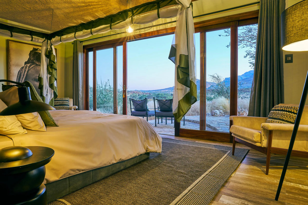 Chalet-Bathroom-View-Hohenstein-Lodge at Hohenstein Lodge, Erongo Mountains, Namibia.