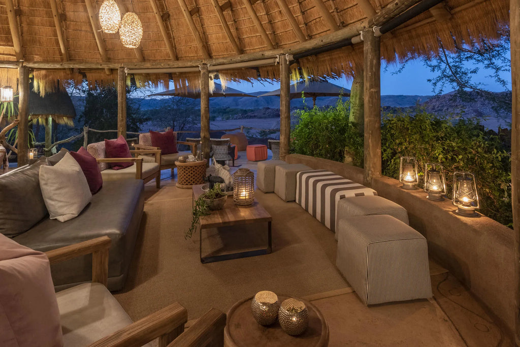The lounge at Camp Kipwe at Camp Kipwe, Twyfelfontein, Namibia.