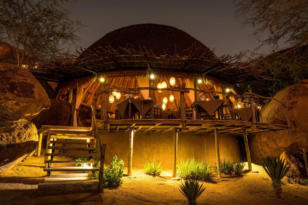 Camp Kipwe's Dining Area at Night at Camp Kipwe, Twyfelfontein, Namibia.