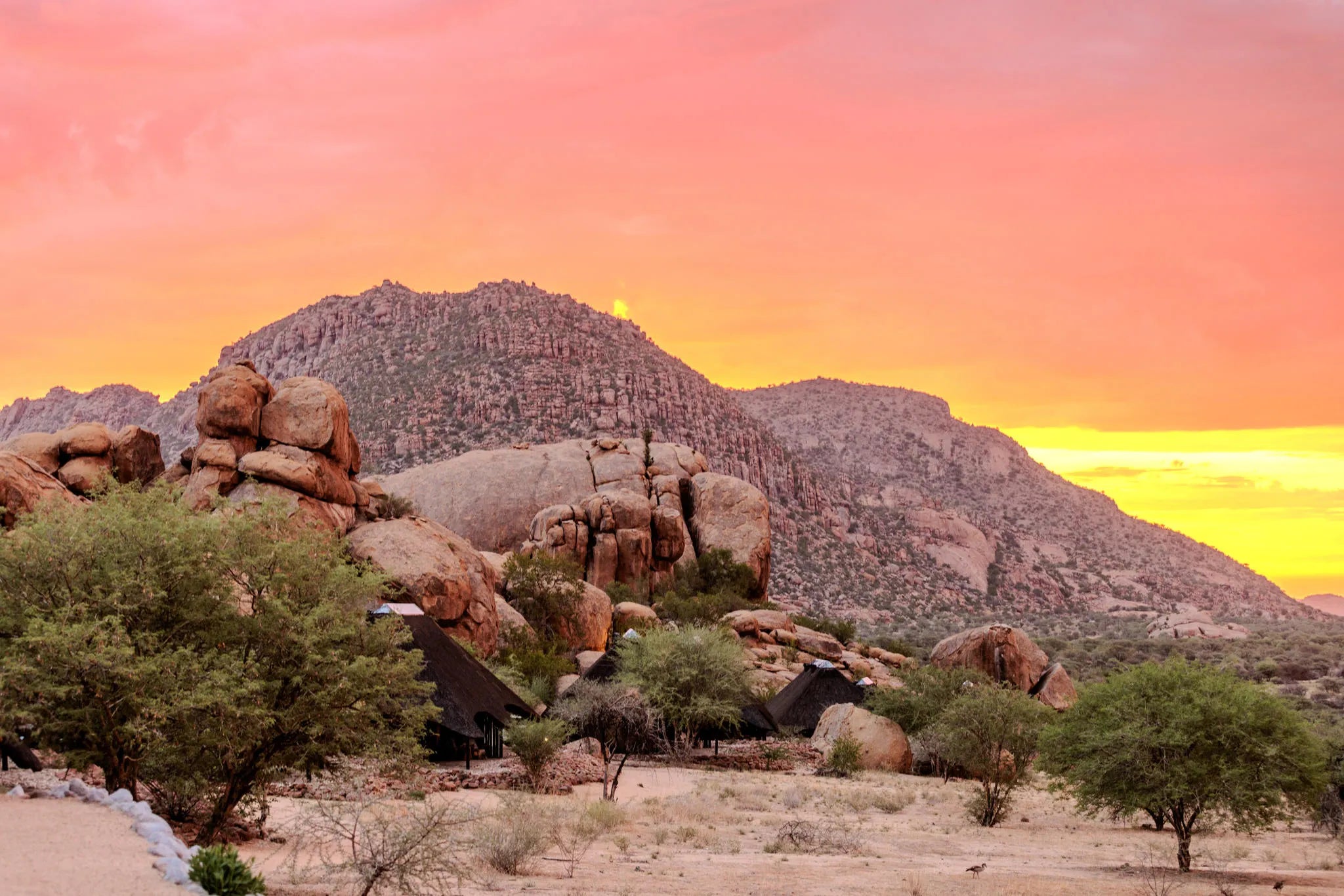 The sun never lets us down at Ai Aiba Rock Painting Lodge, Erongo Mountains, Namibia.