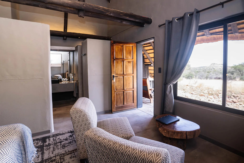 Room interior at Ai Aiba Rock Painting Lodge, Erongo Mountains, Namibia.