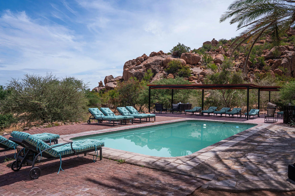 Pool & Shades area at Ai Aiba Rock Painting Lodge, Erongo Mountains, Namibia.