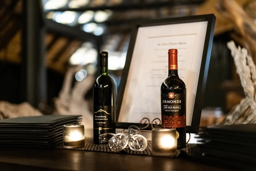 Fine wine selection and Ala Carte menu at Ai Aiba Lodge at Ai Aiba Rock Painting Lodge, Erongo Mountains, Namibia.