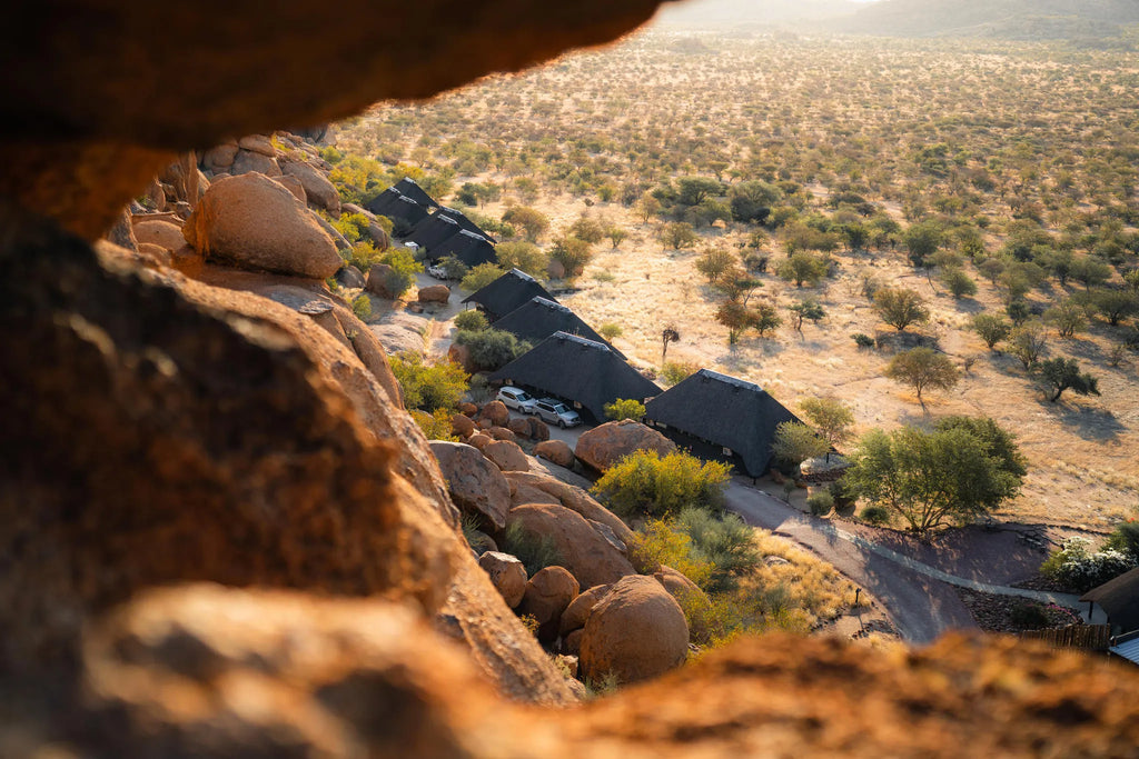 View onto the chalets at Ai Aiba Rock Painting Lodge, Erongo Mountains, Namibia.