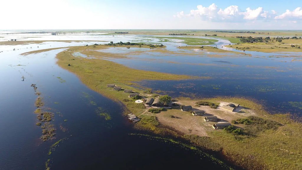 The Helicopter View of the Lodge at Serondela Lodge, Chobe River Front Namibia, Namibia.