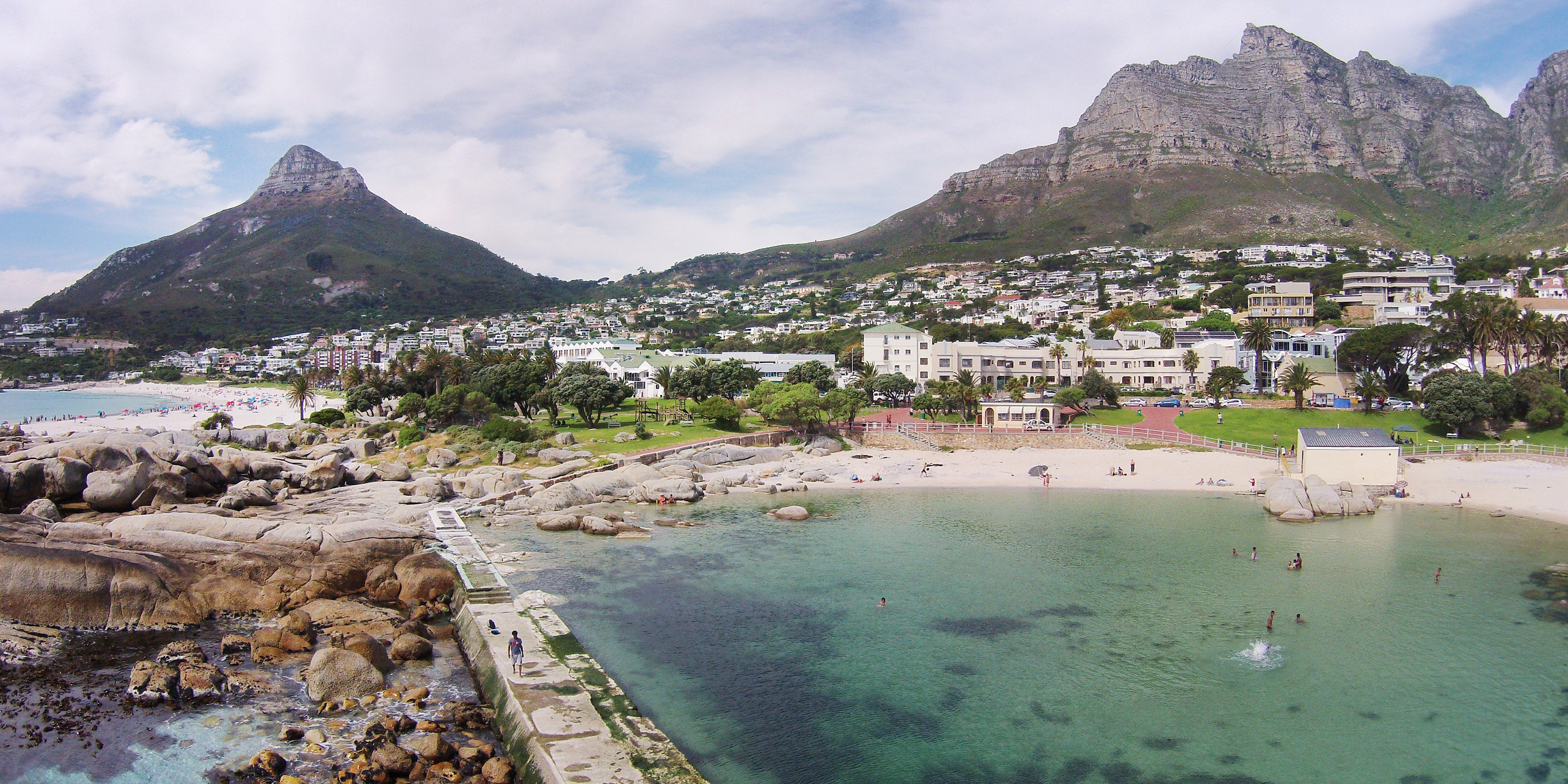 Camps Bay Village | Aerial view of Camps Bay, Tidal Pool and 12 Apostles Mountain range