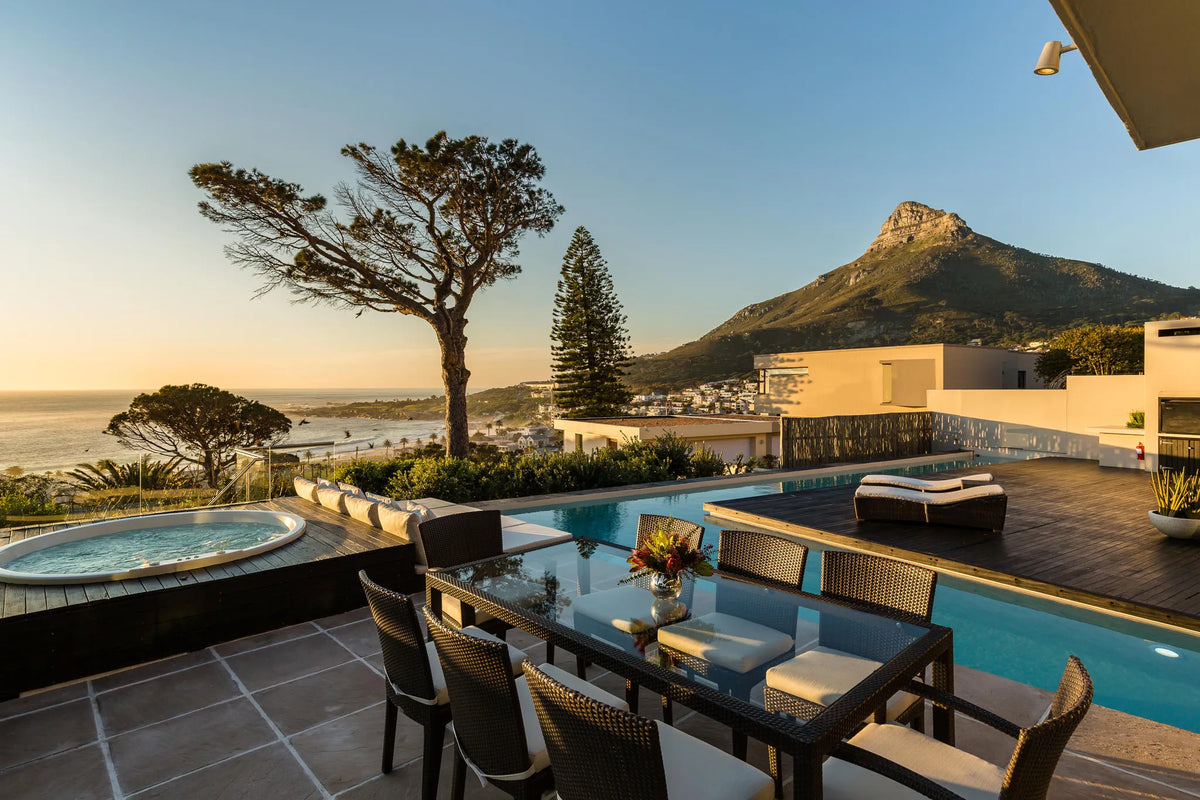 Hot Tub, Patio, Swimming Pool & Dining area at Serenity, Cape Town, South Africa.