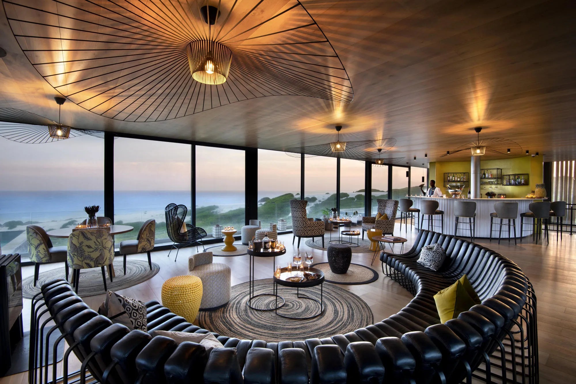 Morukuru Beach Lodge - bar and lounge upstairs at Morukuru Beach Lodge, De Hoop Nature Reserve, South Africa.