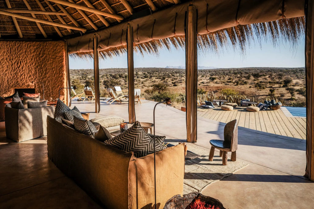 Pool side, views from the lounge at Zannier Omaanda, Zannier Reserve, Namibia.