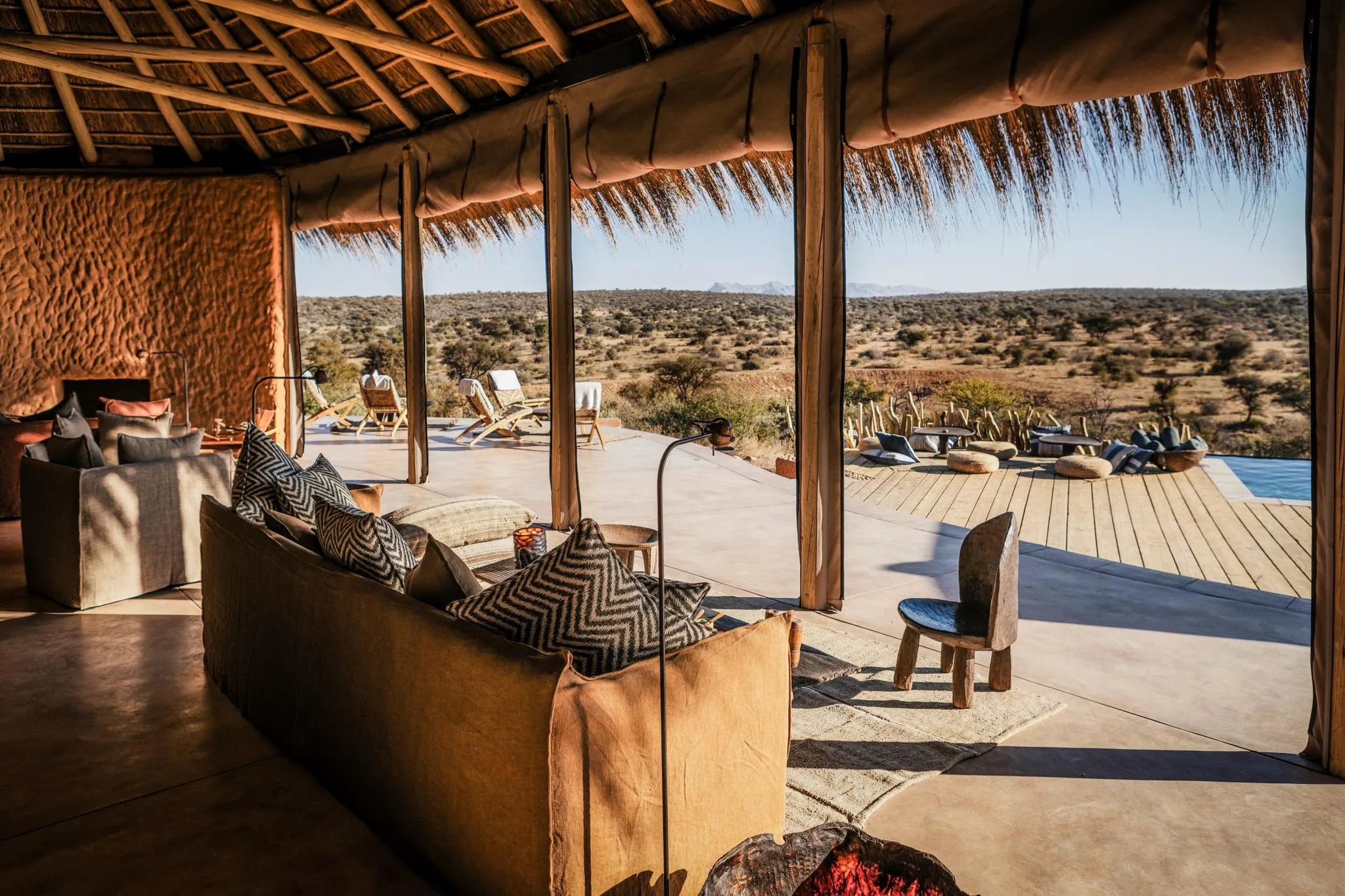 Pool side, views from the lounge at Zannier Omaanda, Zannier Reserve, Namibia.