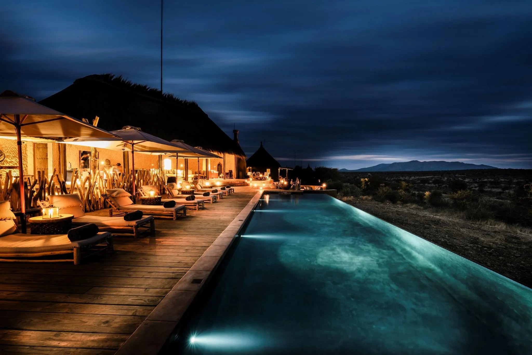 Pool by night at Zannier Omaanda, Zannier Reserve, Namibia.