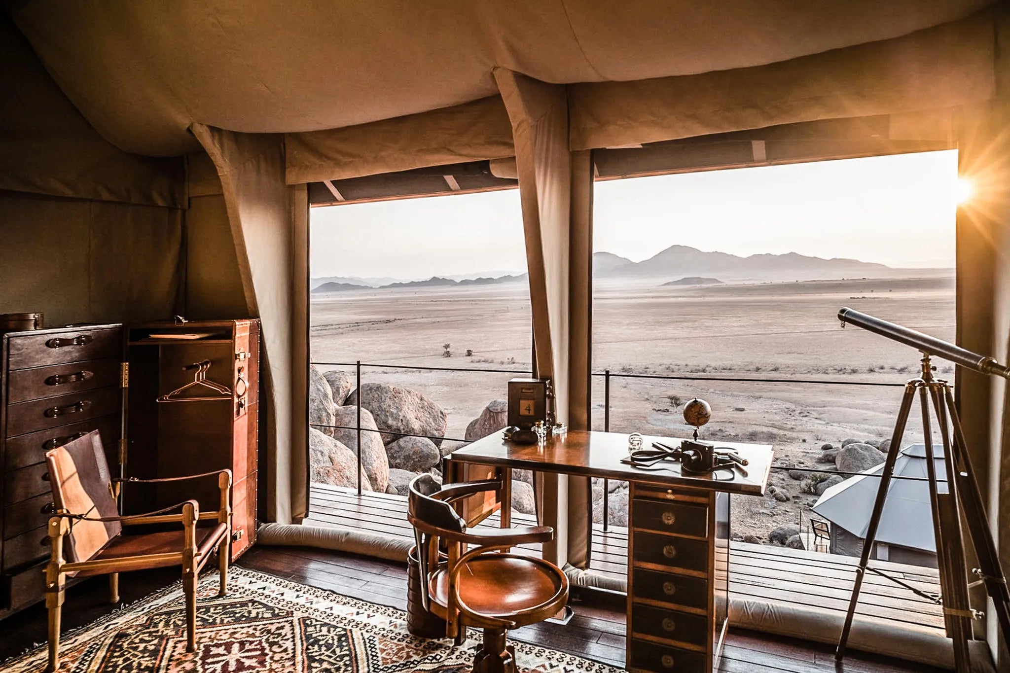 Sonop Tent Bedroom Views at Zannier Sonop, NamibRand Nature Reserve, Namibia.