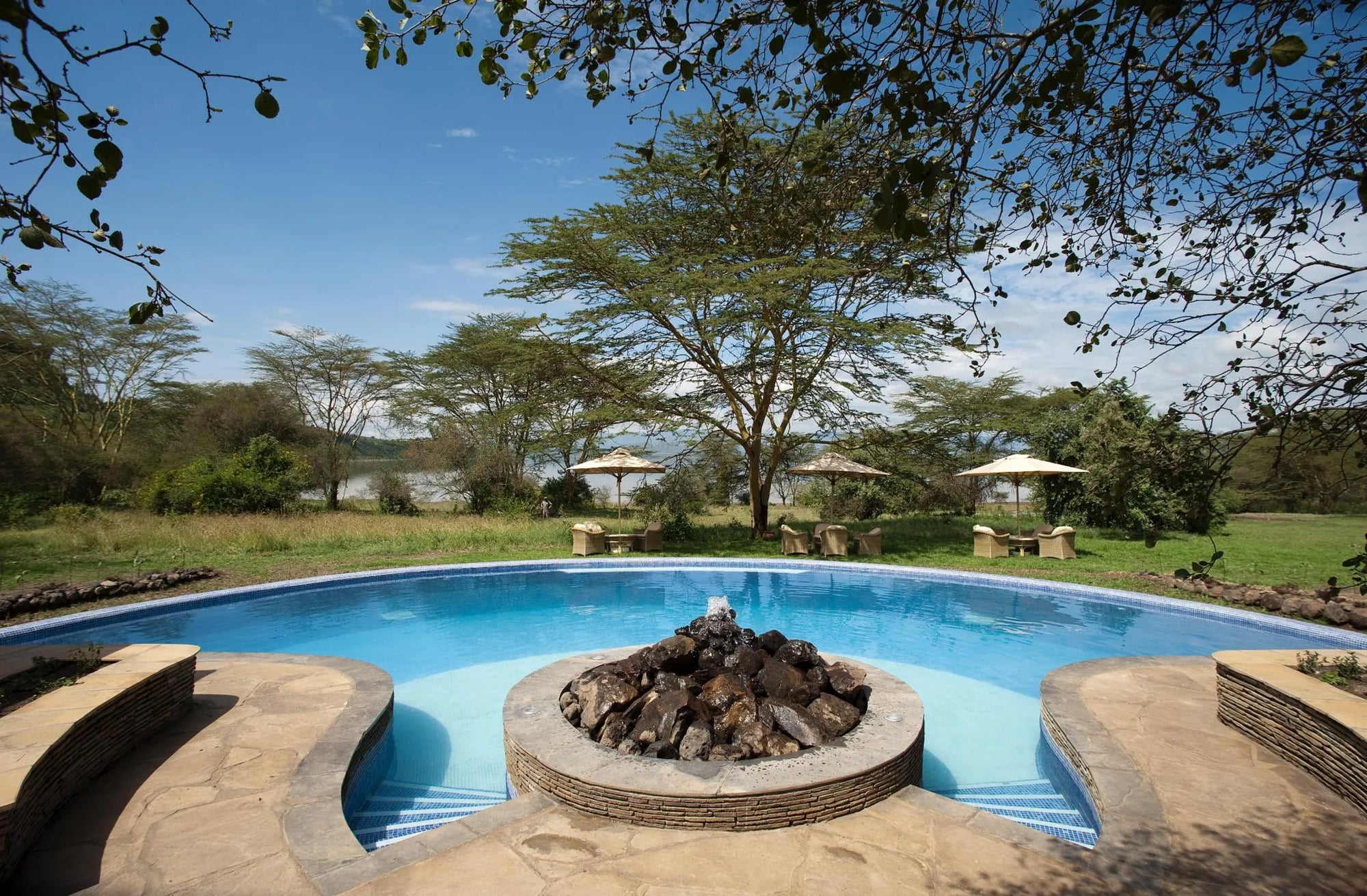 Heated pool at Lake Elmenteita Serena Camp, Lake Elmenteita, Kenya.