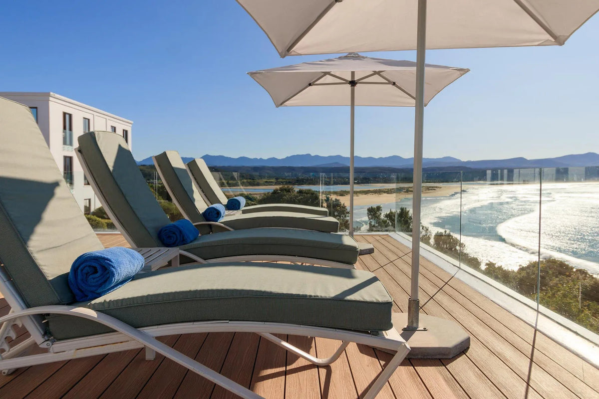 Blue Wing Loungers and Sundeck at The Plettenberg, Plettenberg Bay, South Africa.