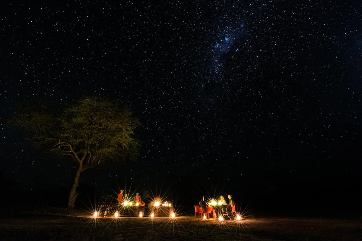 Bush DIning under the stars at Tintswalo Safari, Manyeleti Private Game Reserve, South Africa.
