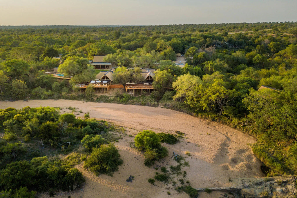 Aerial of Front River Bed at Thornybush Game Lodge, Thornybush Game Reserve, South Africa.