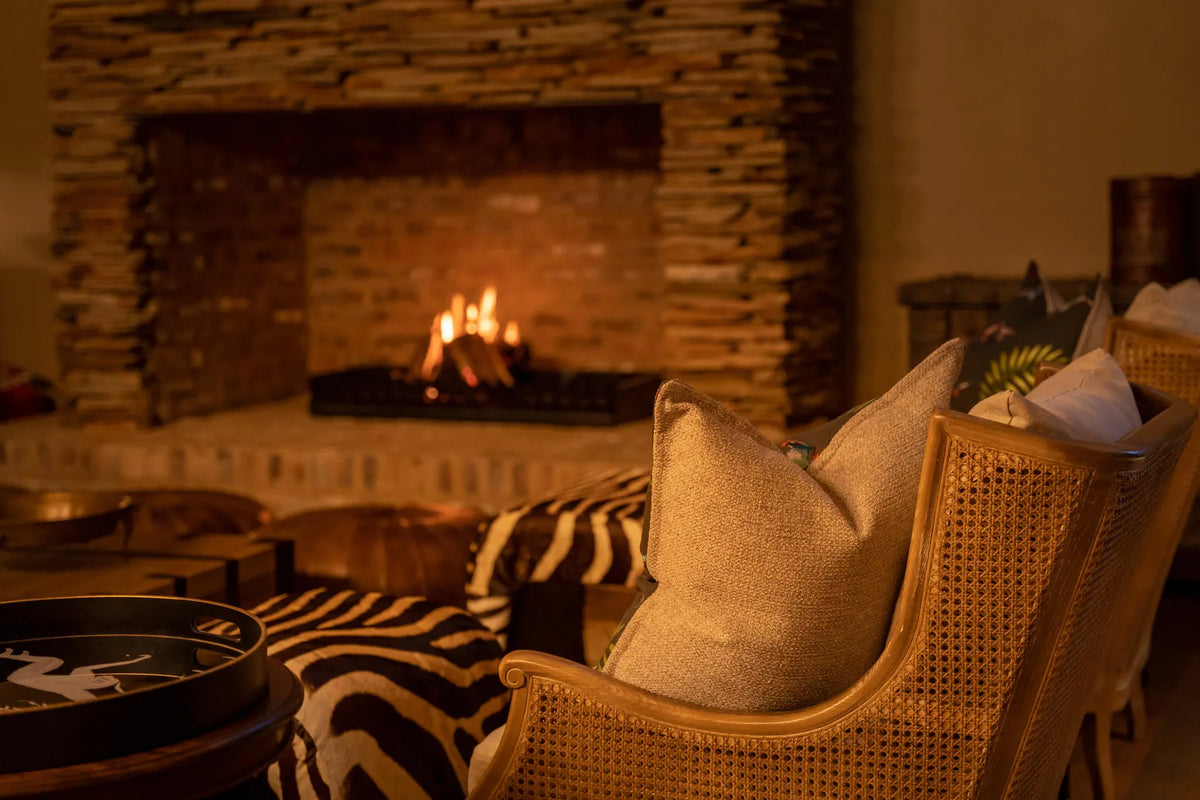 Lodge Fireplace at Thornybush Game Lodge, Thornybush Game Reserve, South Africa.