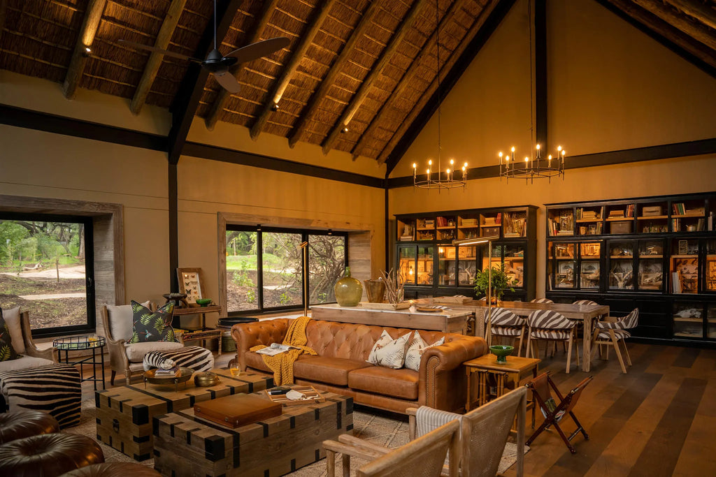 Indoor seating in library at Thornybush Game Lodge, Thornybush Game Reserve, South Africa.