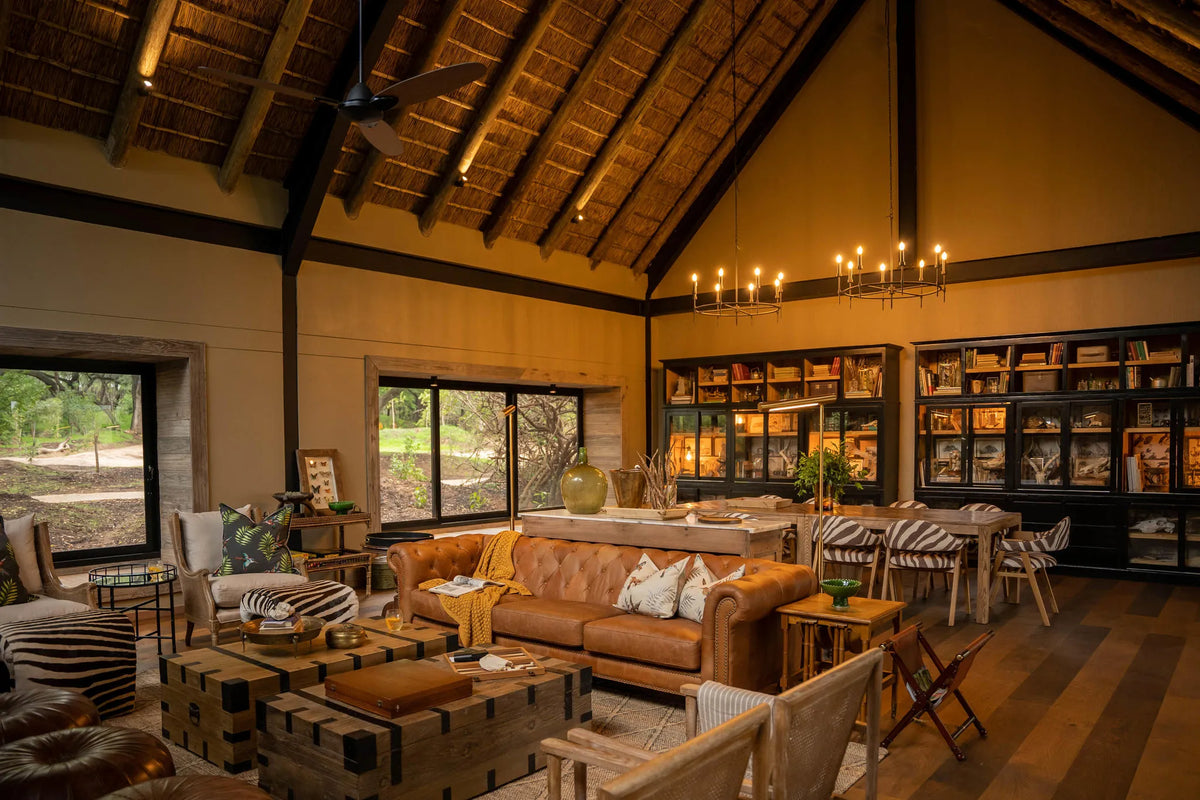 Indoor seating in library at Thornybush Game Lodge, Thornybush Game Reserve, South Africa.