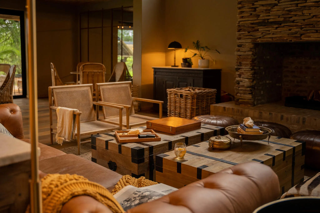 Indoor seating at fireplace at Thornybush Game Lodge, Thornybush Game Reserve, South Africa.