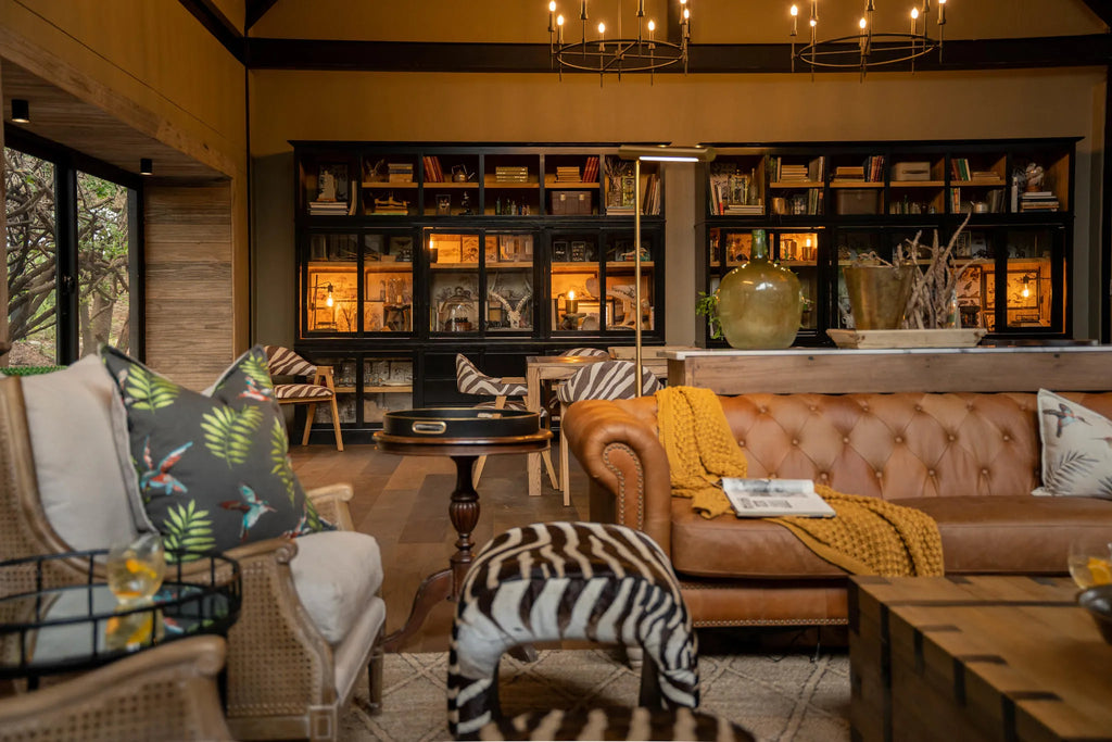 Indoor seating in library at Thornybush Game Lodge, Thornybush Game Reserve, South Africa.