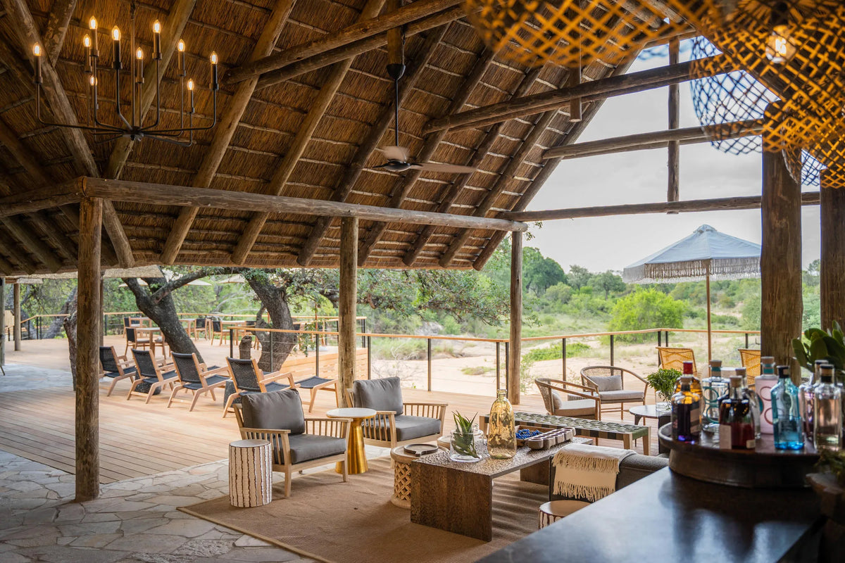 Main lodge deck and seating at Thornybush Game Lodge, Thornybush Game Reserve, South Africa.