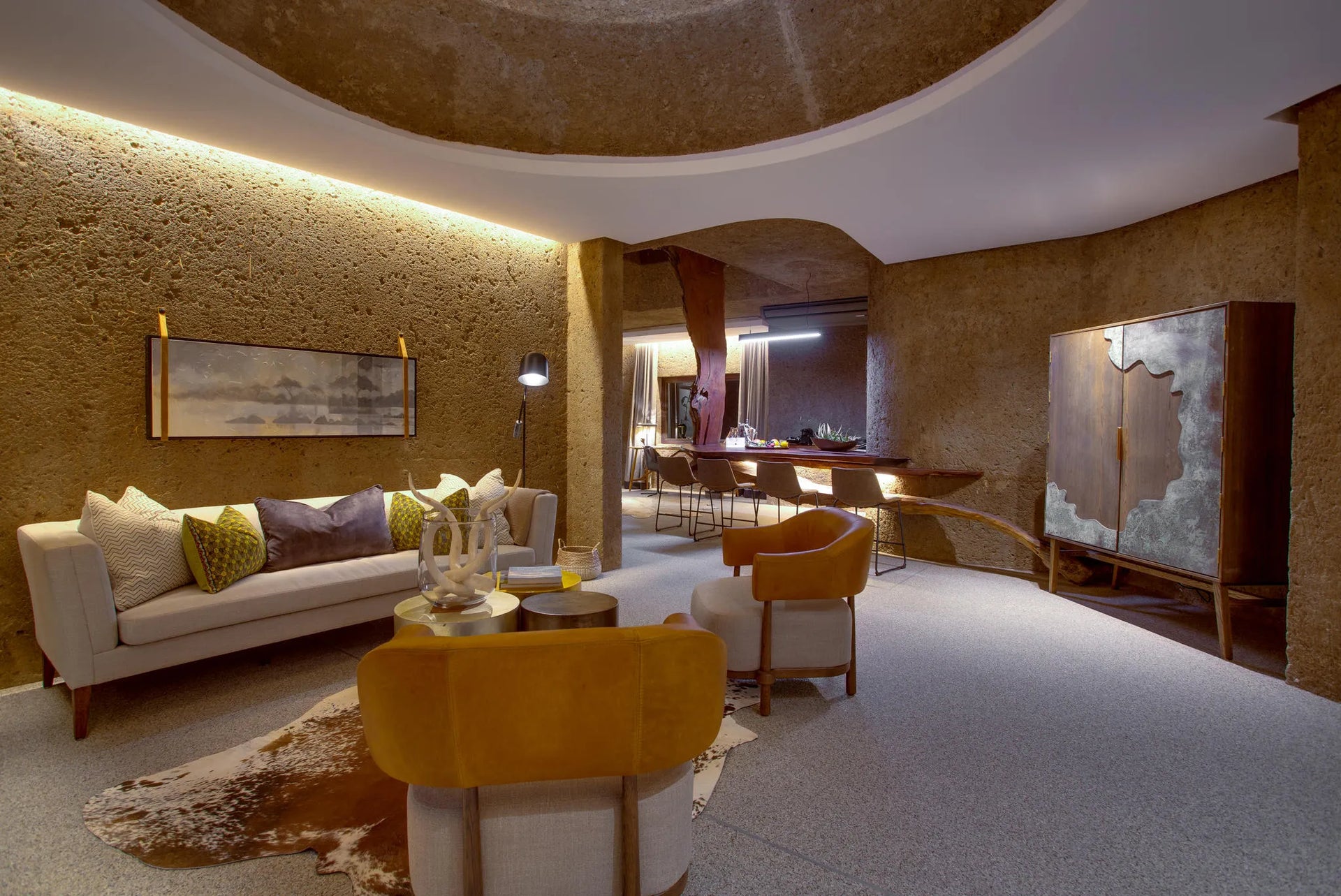 Amber Villa Lounge Area at Sabi Sabi Earth Lodge, Sabi Sand Nature Reserve, South Africa.