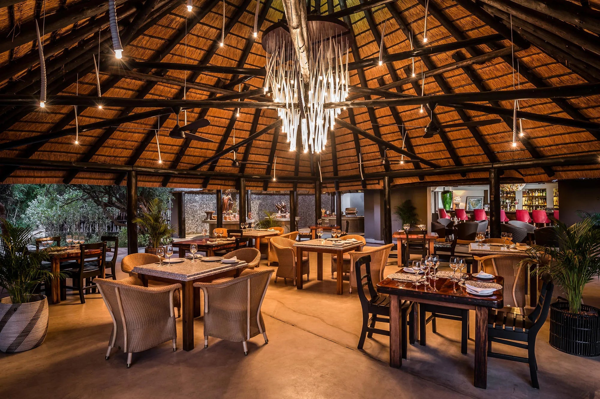 Dining area at Sabi Sabi Bush Lodge, Sabi Sand Nature Reserve, South Africa.