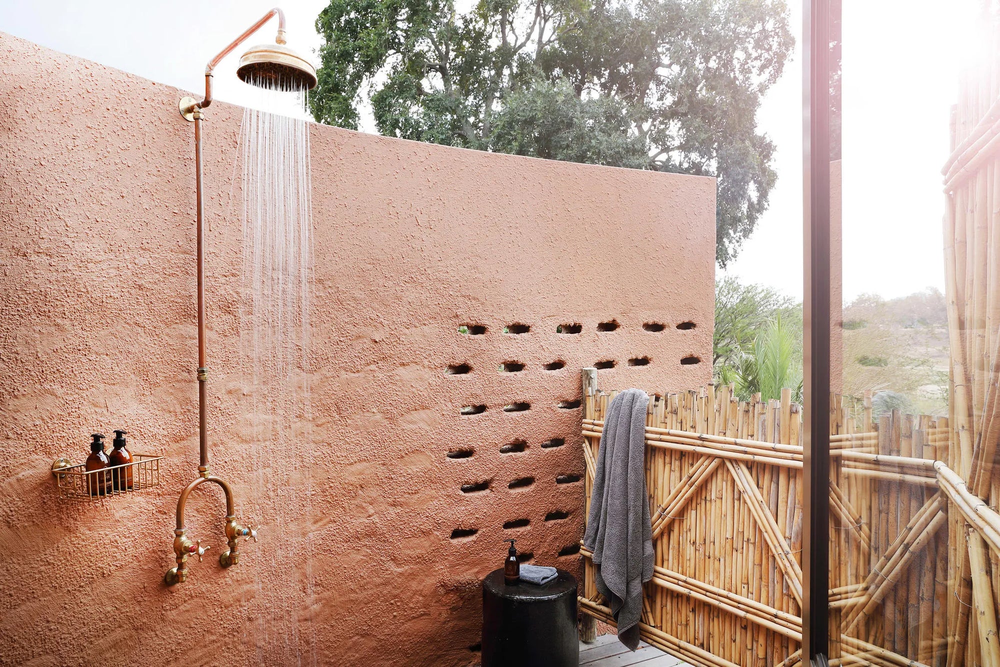 MalaMala Camp Suite outdoor shower at MalaMala Camp, MalaMala Game Reserve, South Africa.