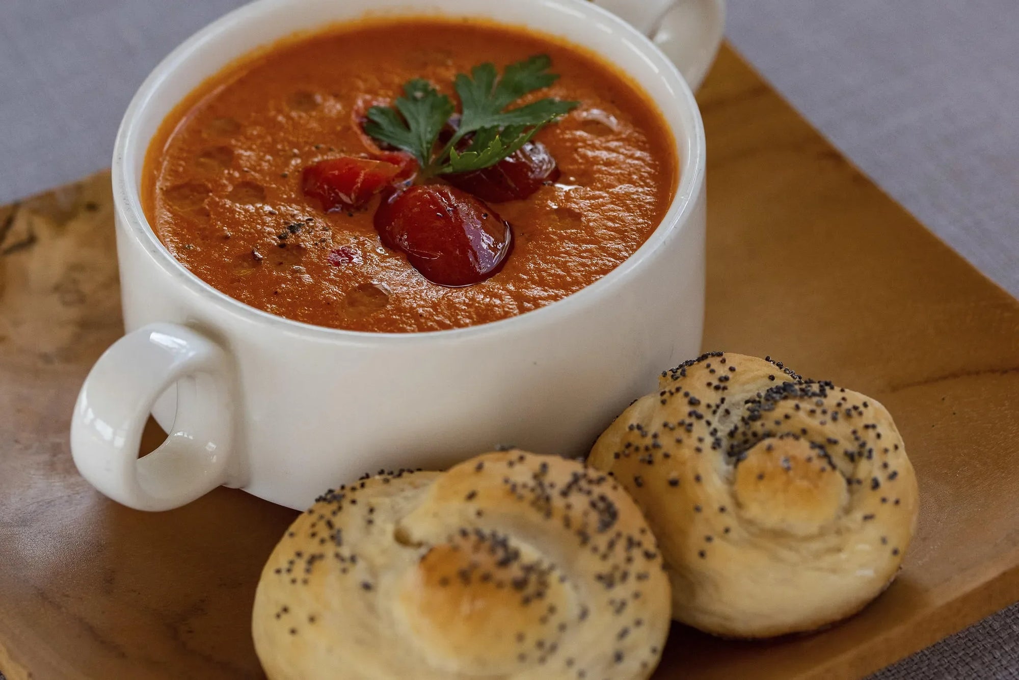 Dunia - Tomato Soup with Freshly Baked Bread Rolls at Dunia, Central Serengeti, Tanzania.