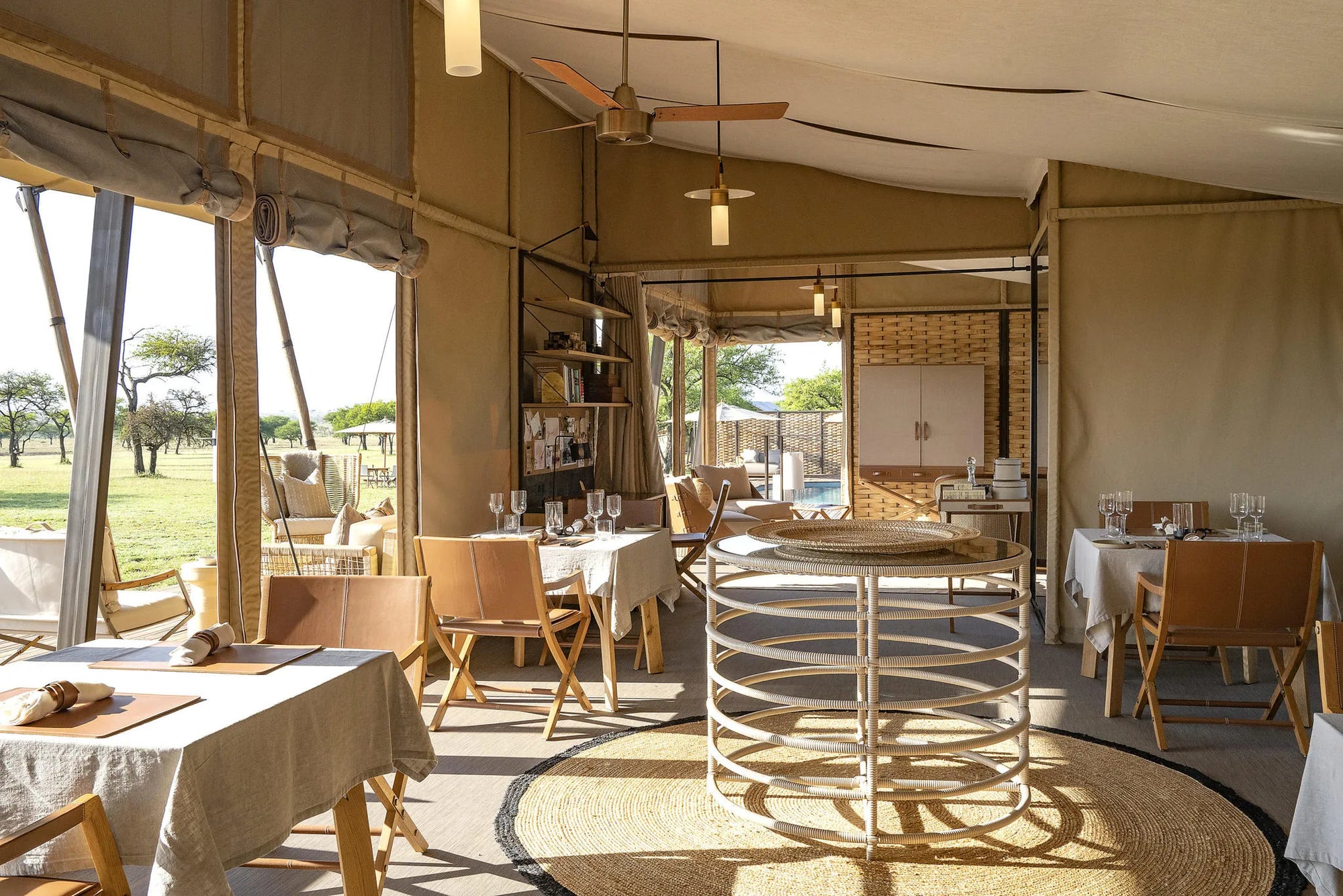 Singita Sabora Tented Camp Dining Area at Singita Sabora Tented Camp, Singita Serengeti Grumeti, Tanzania.