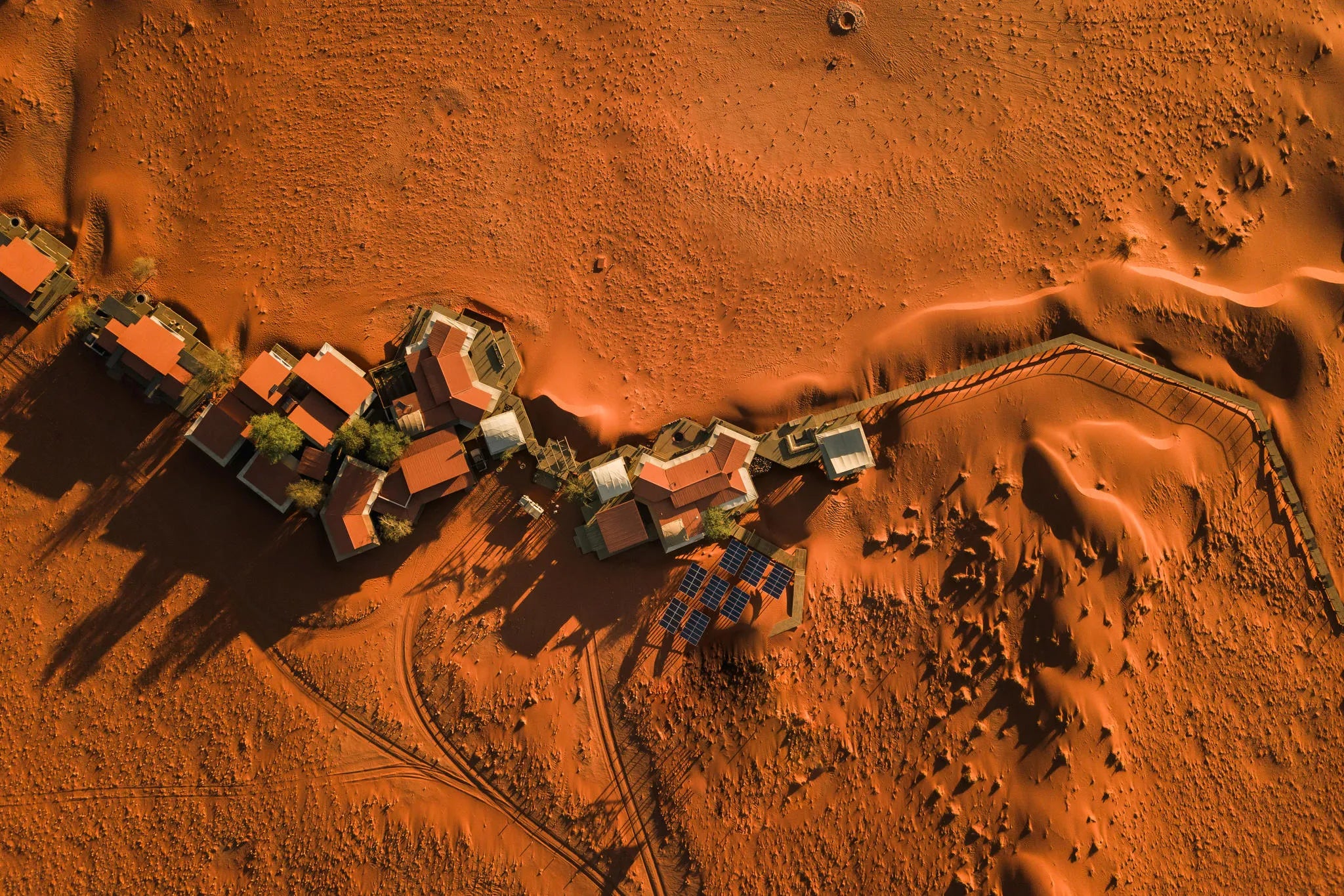 Desert Lodge from Above at Wolwedans Desert Lodge, NamibRand Nature Reserve, Namibia.