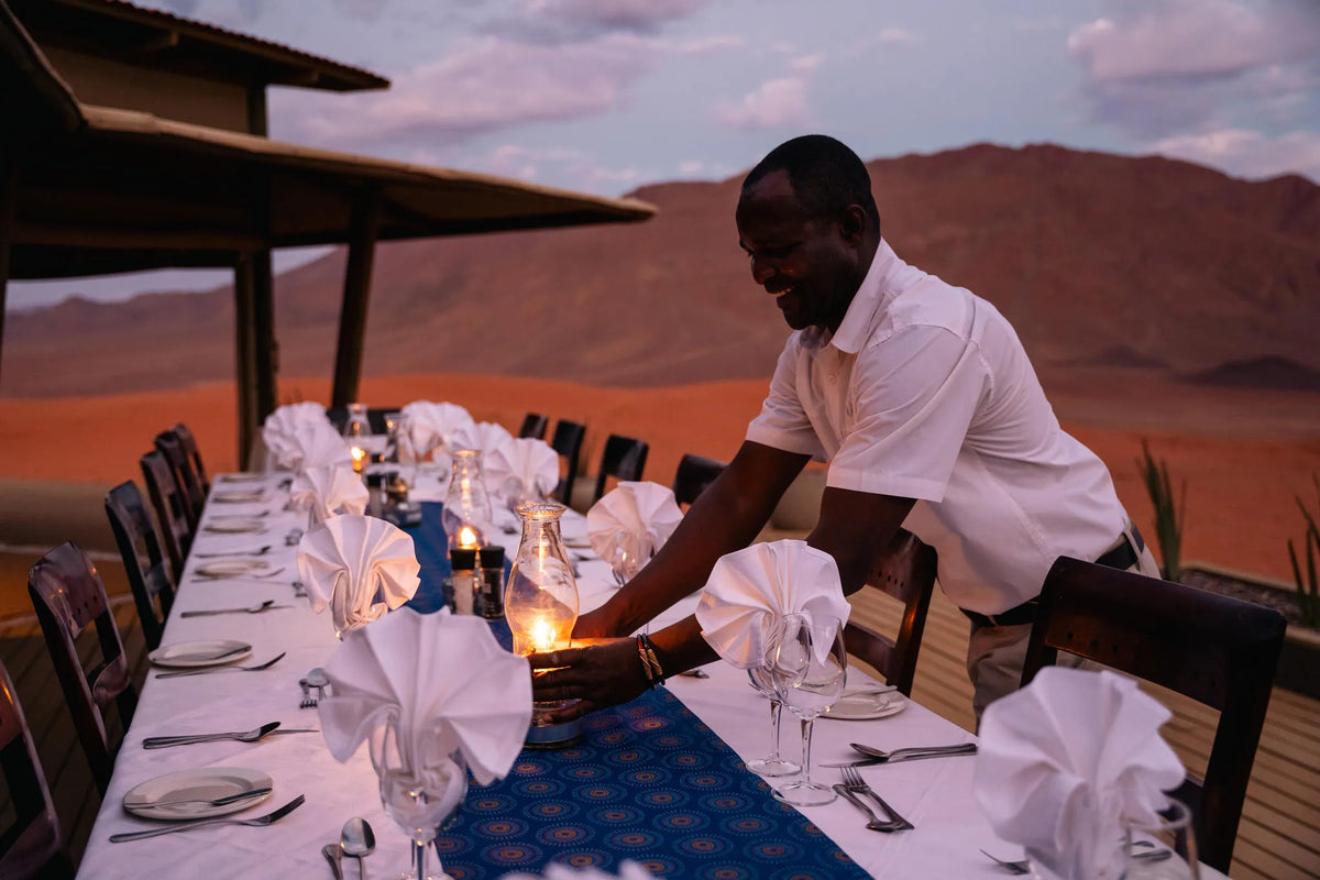 Once in a Lifetime Dinner Setting at Wolwedans Desert Lodge, NamibRand Nature Reserve, Namibia.