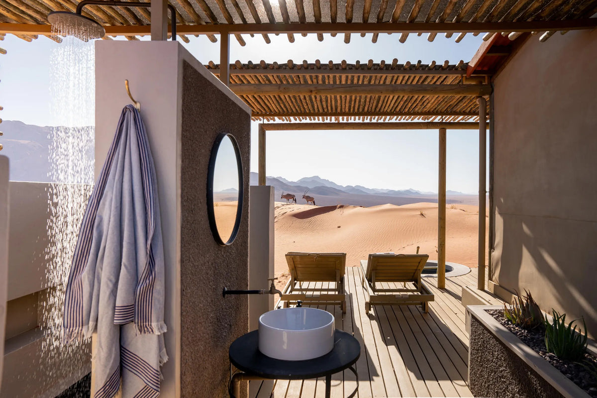 Private Deck & Outdoor Shower at Wolwedans Desert Lodge, NamibRand Nature Reserve, Namibia.