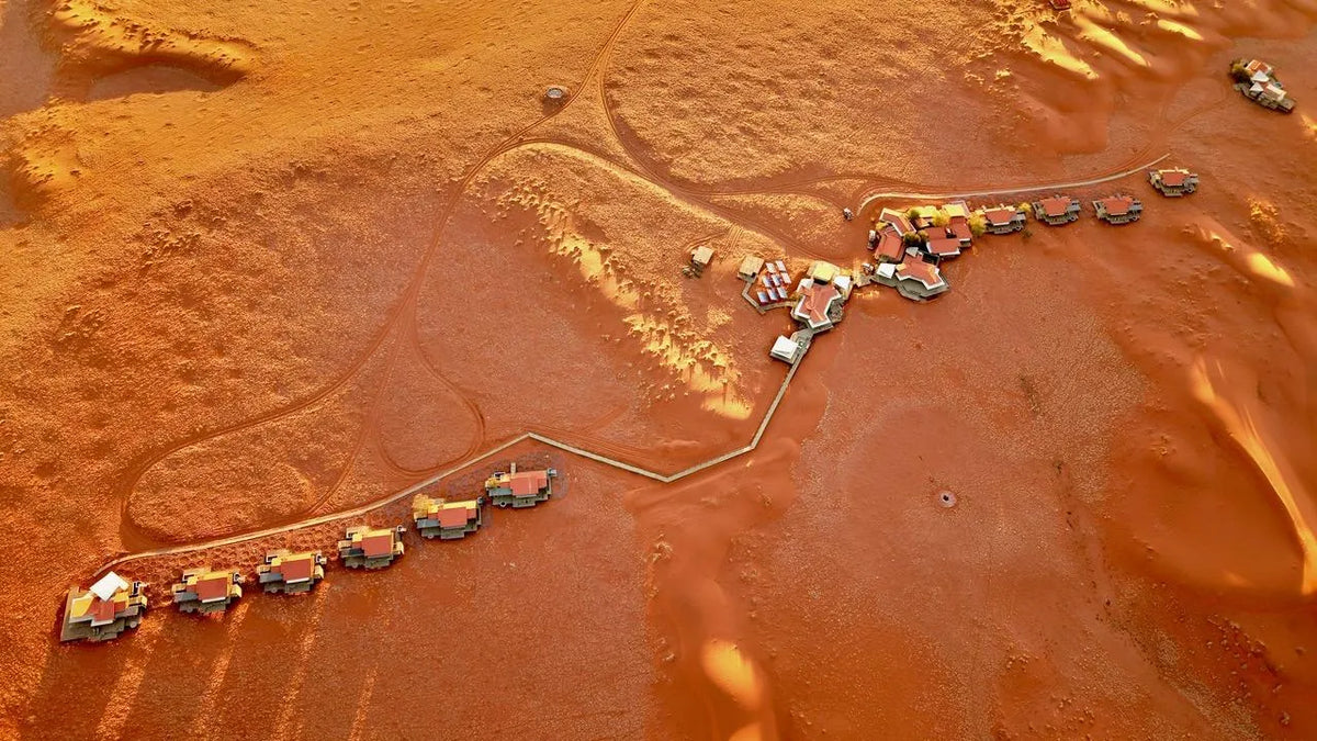 Aerial view with walkway at Wolwedans Desert Lodge, NamibRand Nature Reserve, Namibia.