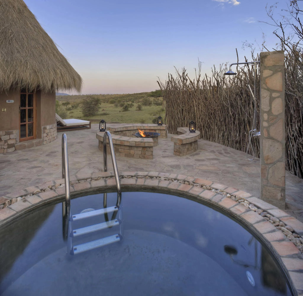The private area of the spa with cold dip pool, steam room and sauna at Mara Bushtops Camp, Masai Mara, Kenya.