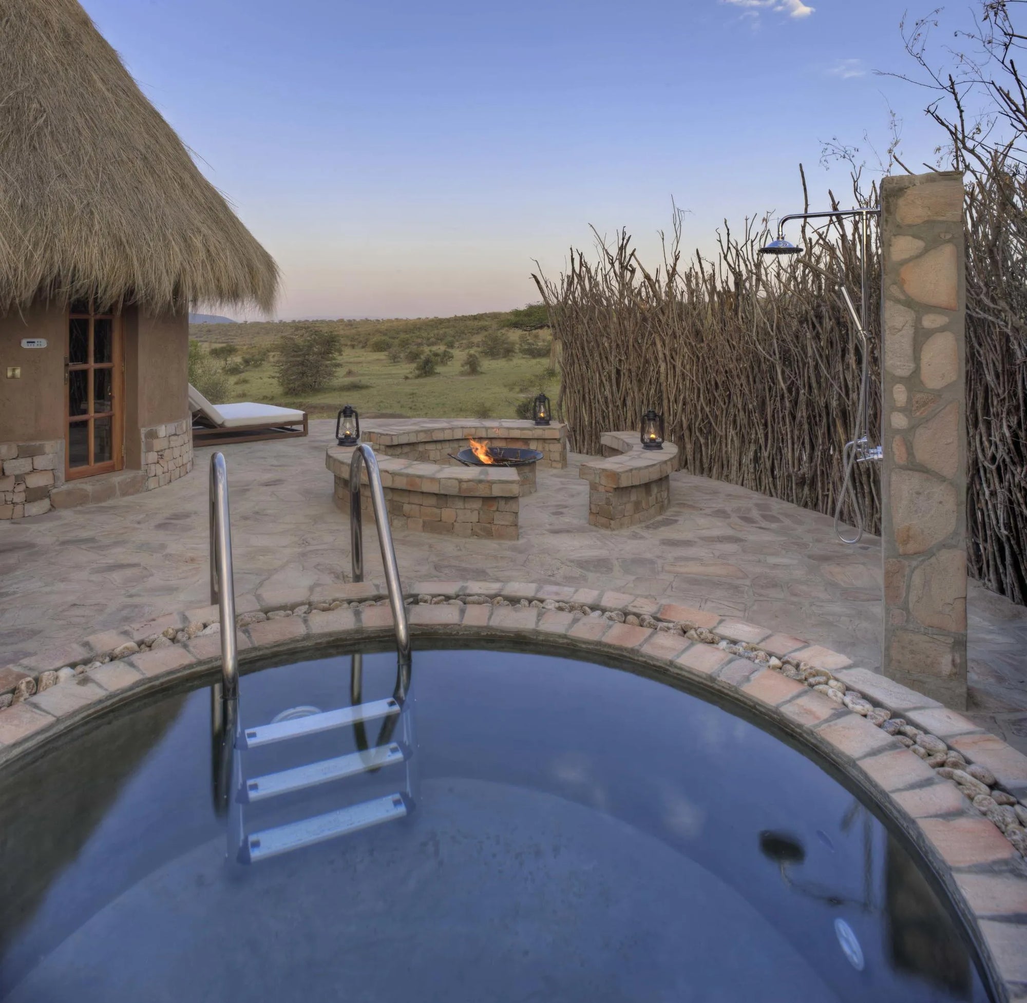 The private area of the spa with cold dip pool, steam room and sauna at Mara Bushtops Camp, Masai Mara, Kenya.