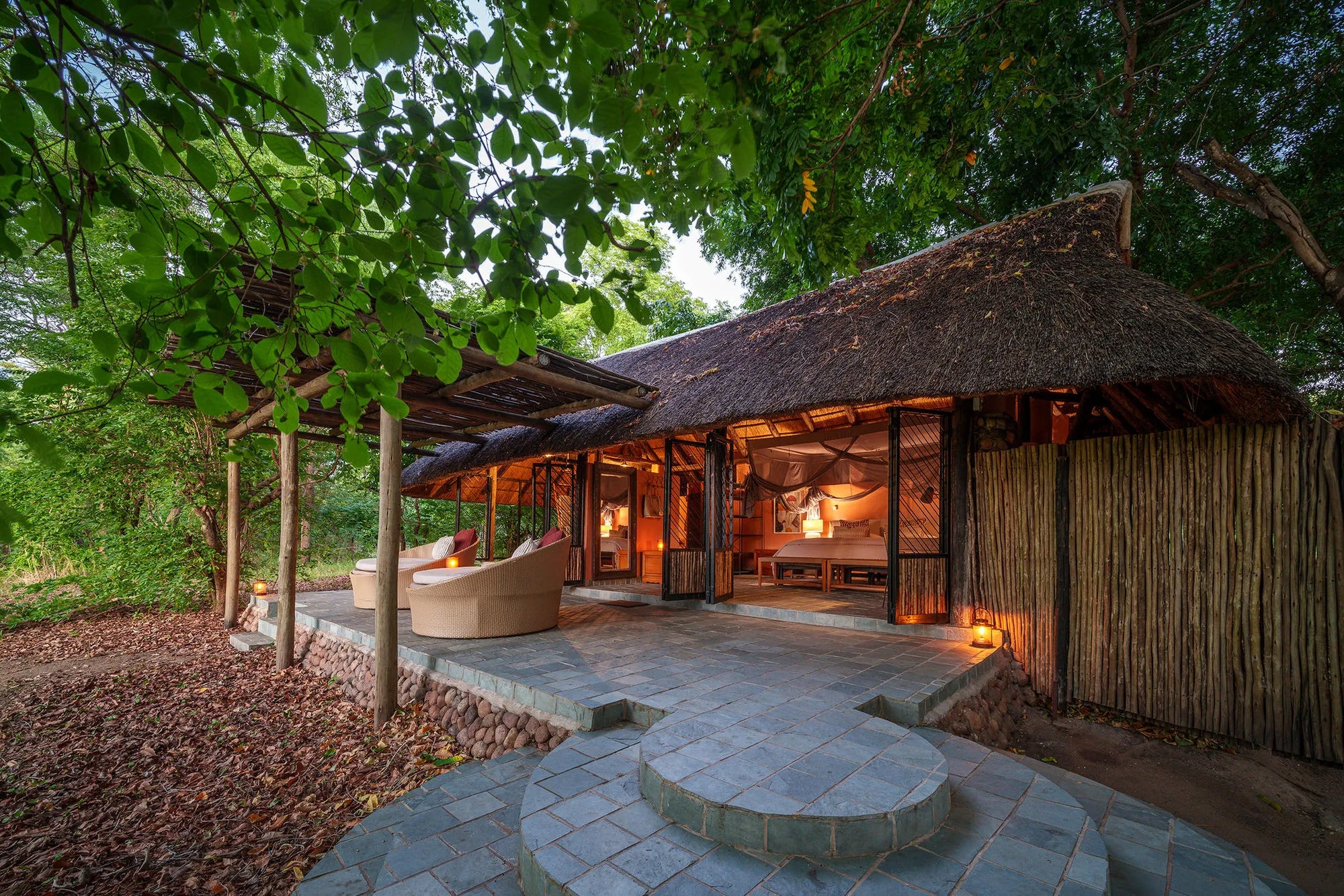 Kapamba chalet veranda and room at Kapamba Bushcamp, South Luangwa National Park, Zambia.