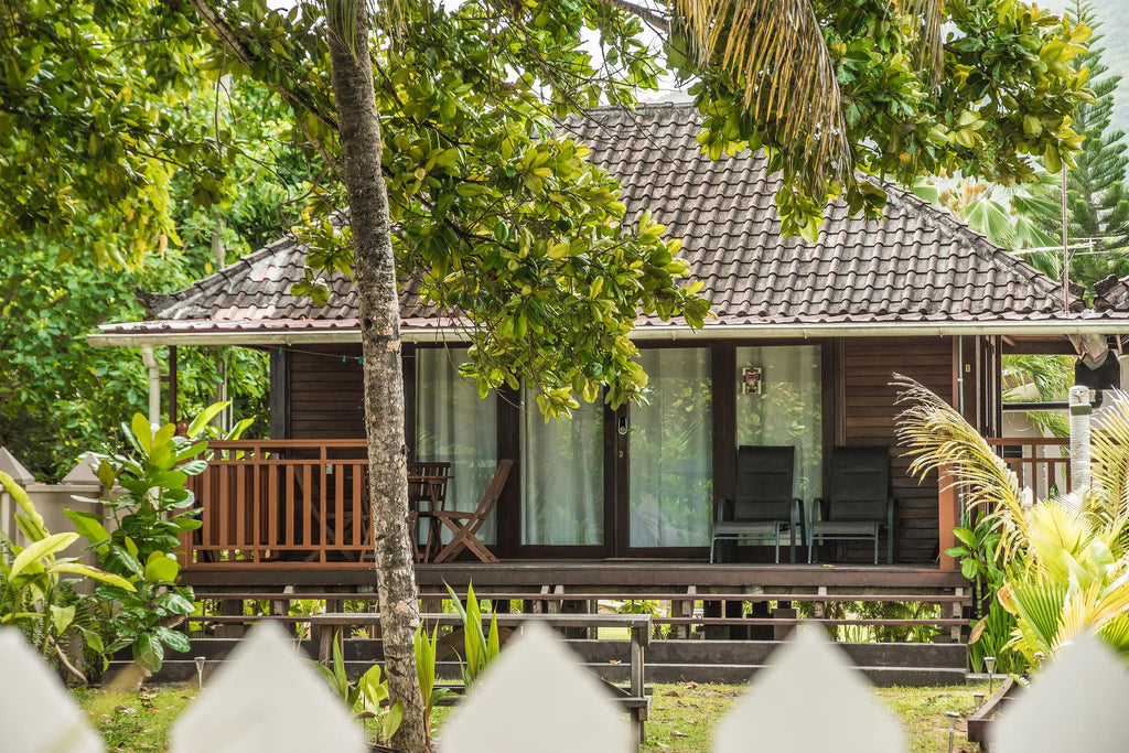 view from fence at Lou Lou Bungalows, Praslin Island, Seychelles.