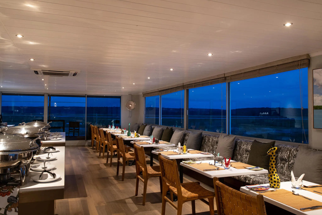 Dining Area at Zambezi Queen by Mantis, Chobe River Front Namibia, Namibia.