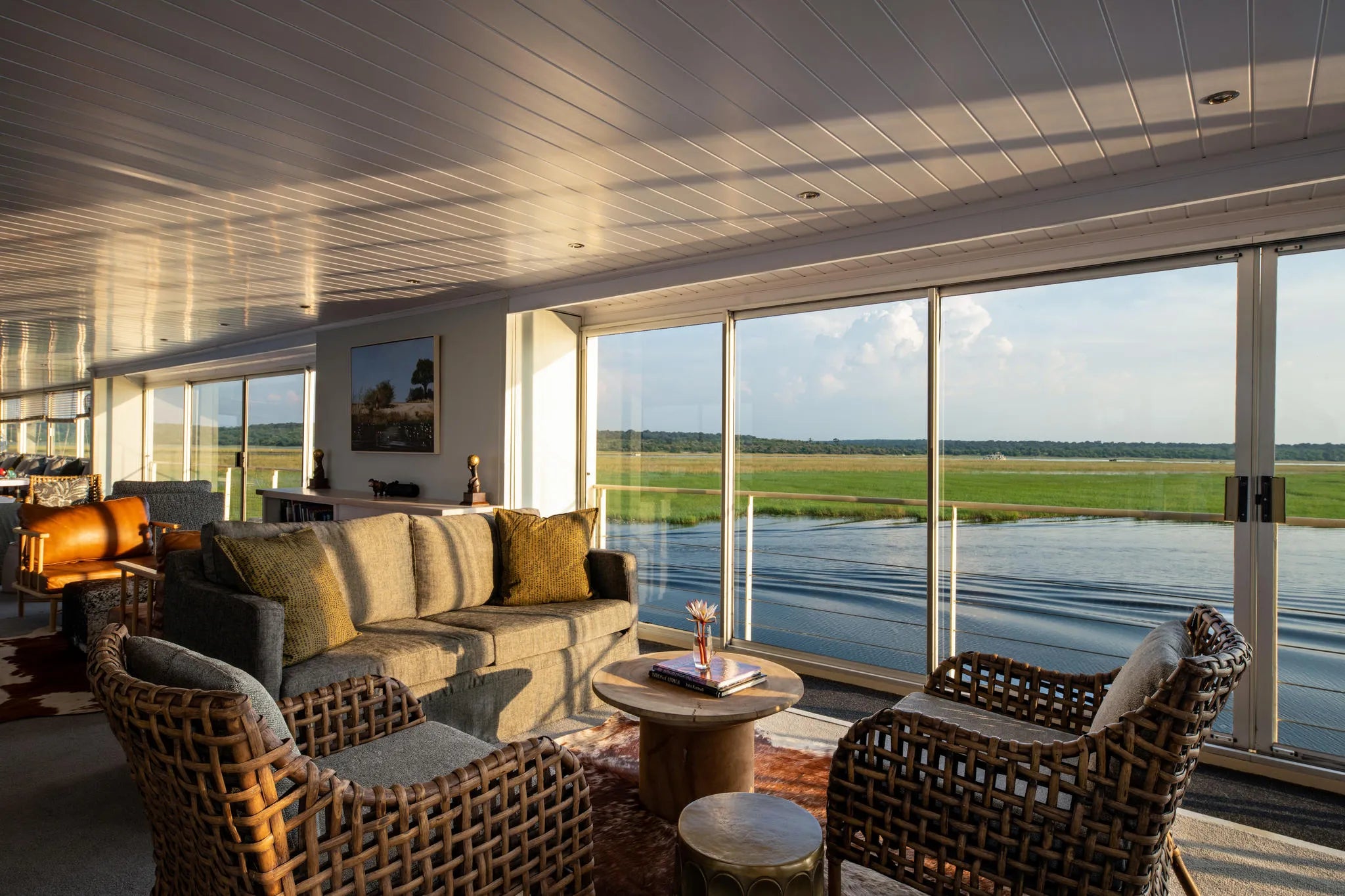 Lounge at Zambezi Queen by Mantis, Chobe River Front Namibia, Namibia.
