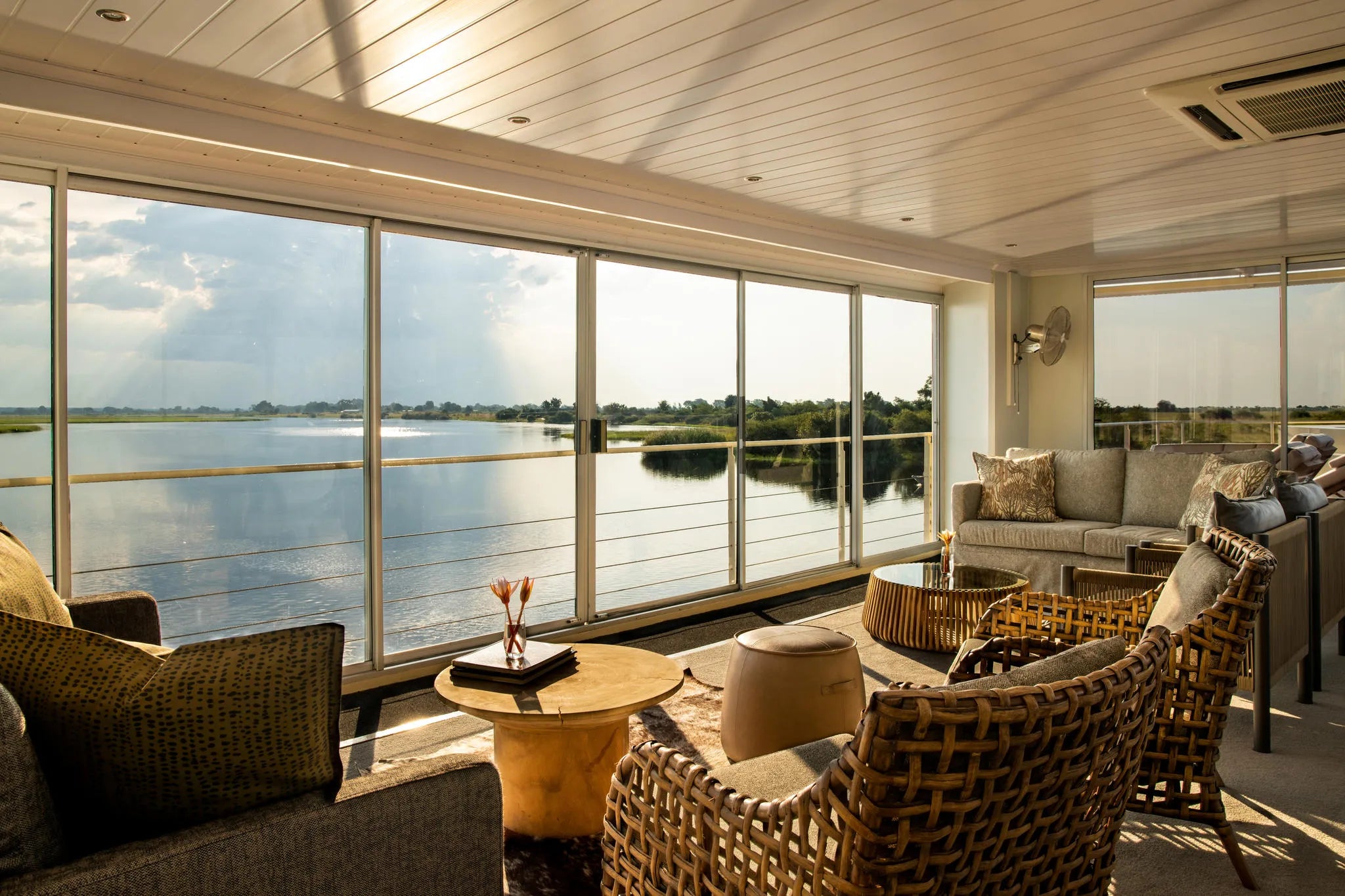 Lounge at Zambezi Queen by Mantis, Chobe River Front Namibia, Namibia.