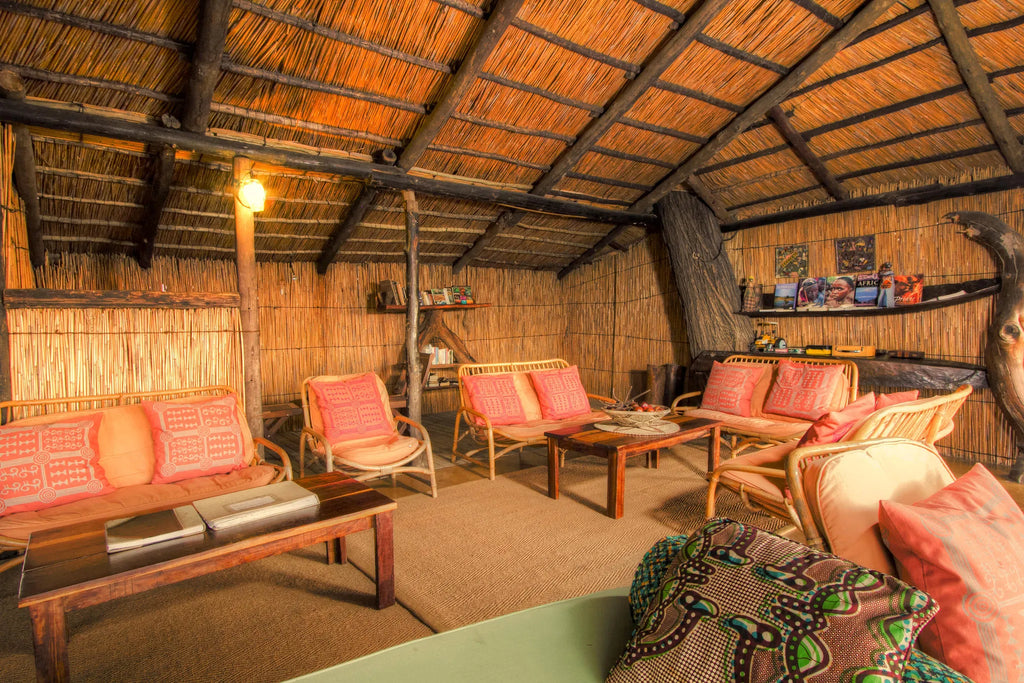 Main guest area lounge at Oddballs' Camp, Moremi Game Reserve, Botswana.